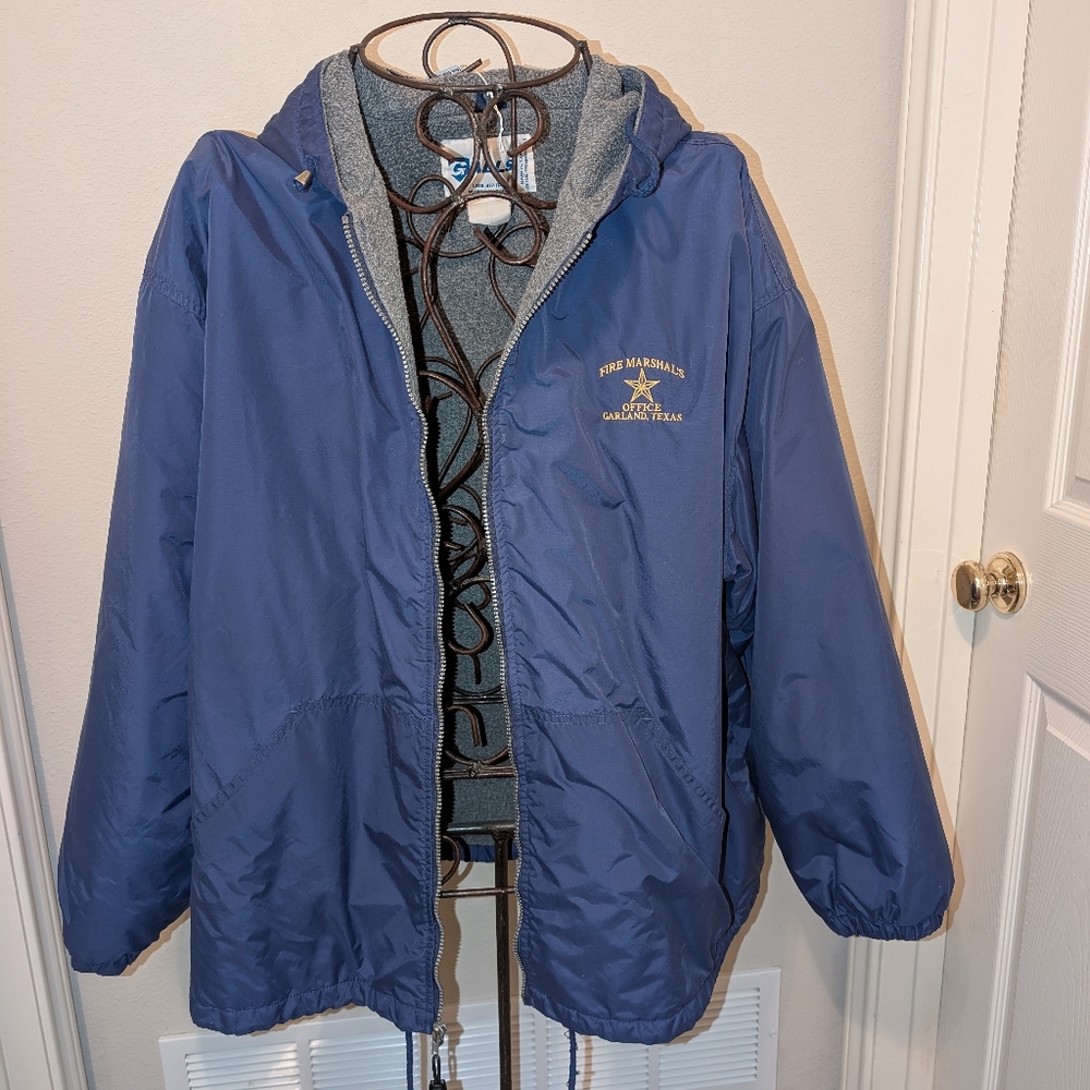 Vintage blue fleece-lined heavy duty windbreaker jacket w/ "Fire Marshals" logo
